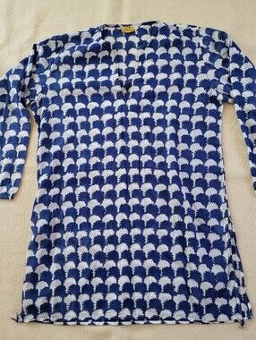 Roberta Roller Rabbit Long-sleeved Tunic Top Women's Size L Blue & White Cotton